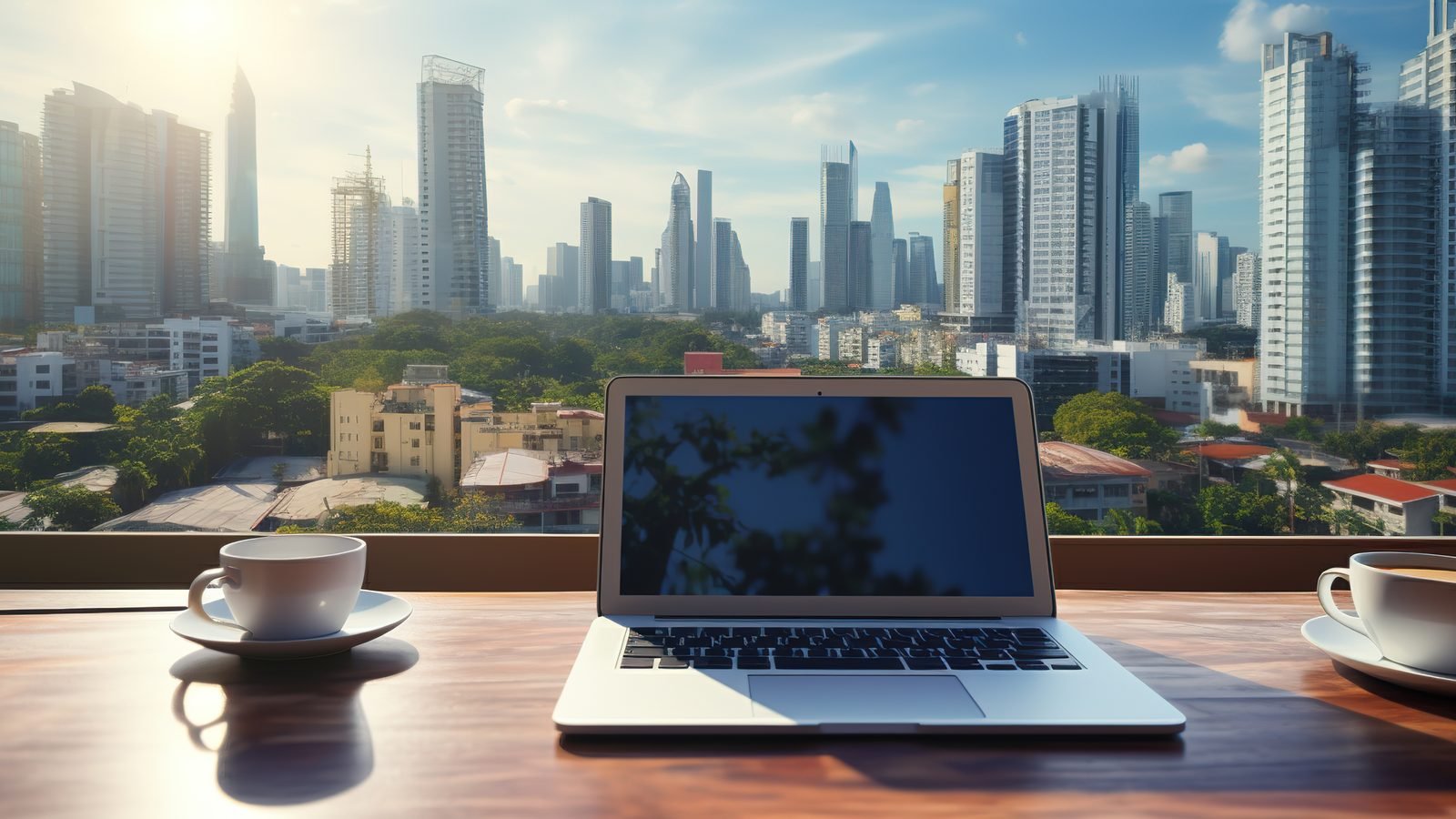 Laptop and coffee on a desk overlooking a city skyline