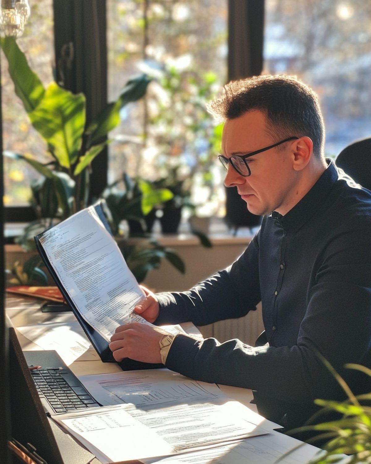 A marketing lead reading a printed report at a desk