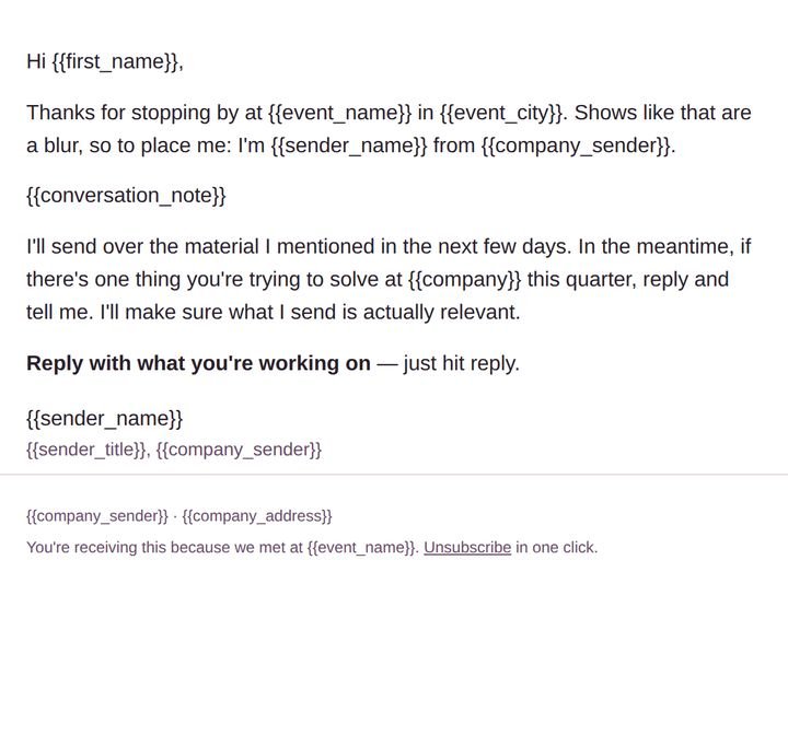First email in the Event & Booth Follow-up pack